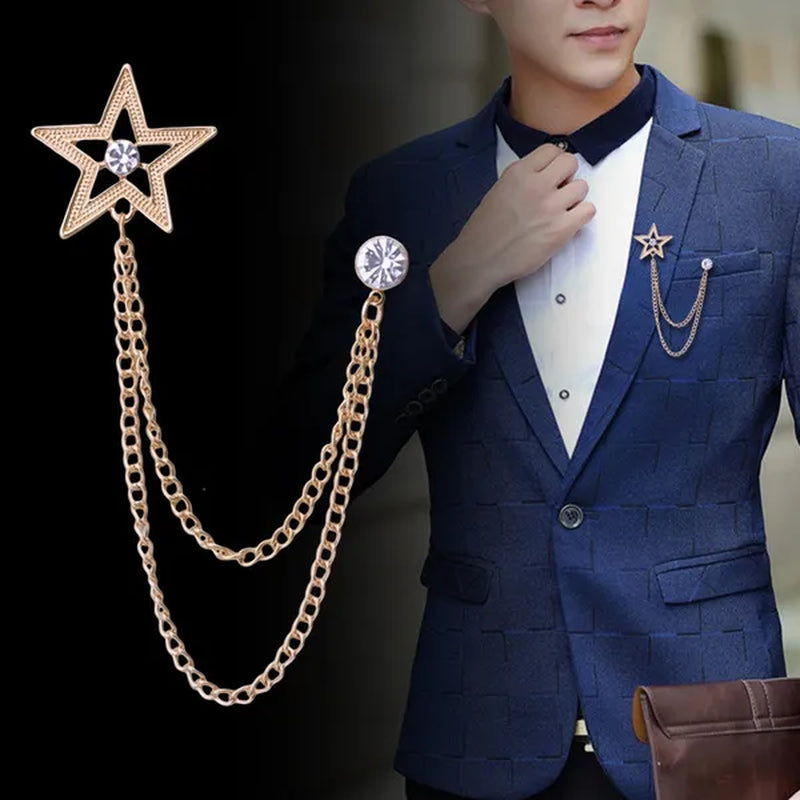 New Crystal Pentagram Brooch Pin Fashion Tassel Chains Suit Shirt Badge Collar Lapel Pin for Men and Women Jewelry Gifts