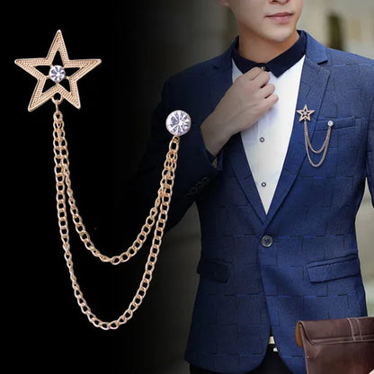 New Crystal Pentagram Brooch Pin Fashion Tassel Chains Suit Shirt Badge Collar Lapel Pin for Men and Women Jewelry Gifts