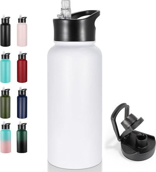 32 Oz Insulated Water Bottle Stainless Steel Metal Water Bottles with Leak Proof Straw Lid & Spout Lid, Wide Mouth Double Walled Vacuum Travel Sports Bottle, White - WORLD TIME VISITS
