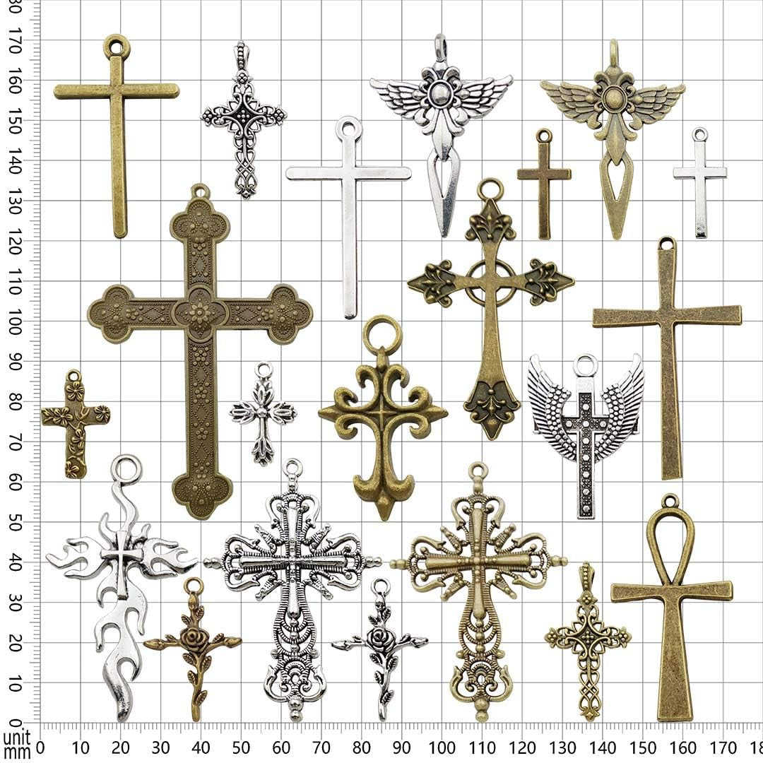 100G Big Cross Pendants Collection - Antique Bronze Silver Sword Holy Angel Jesus Peace Cross Crucifix Metal Charms for Jewelry Making DIY Findings (HM23)