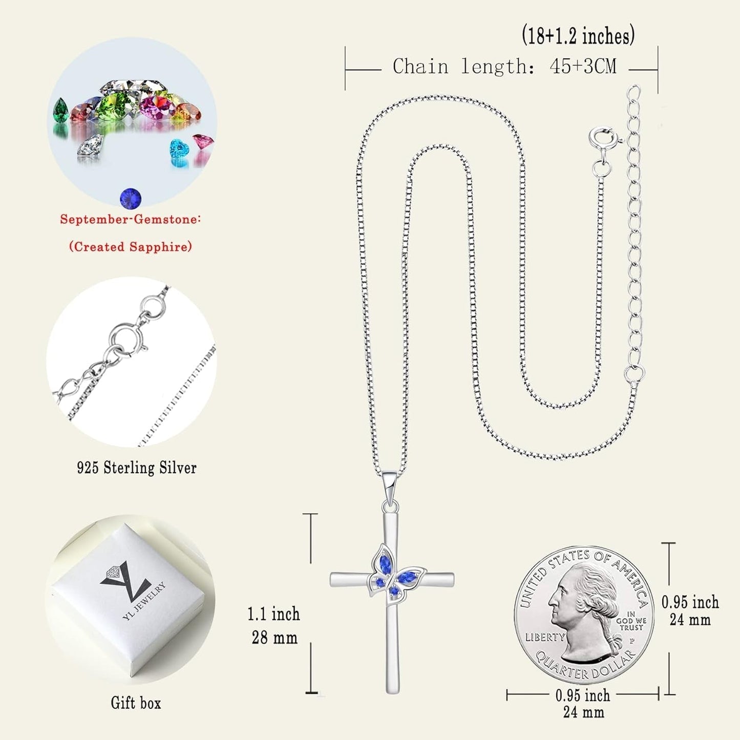 Butterfly Cross Necklace Sterling Silver Crucifix Pendant Gemstones Criss Jewelry for Women