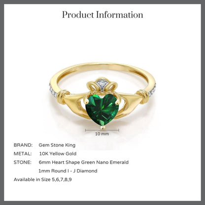 10K Yellow Gold Green Simulated Emerald and Diamond Accent Irish Celtic Claddagh Ring for Women (0.74 Cttw, Available in Size 5, 6, 7, 8, 9)