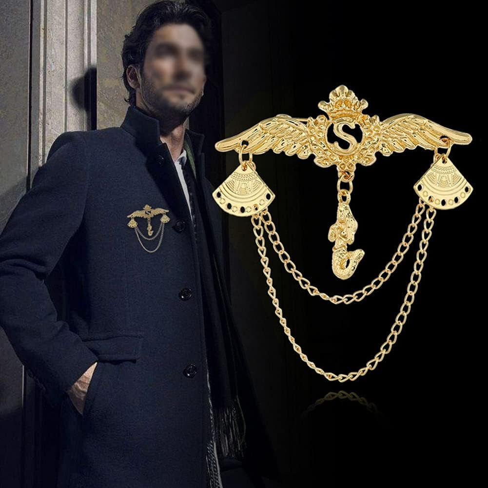 1 Pack Gold Diamond Inset Angel Wings Tassel Chain Pin Vintage Crown Diamond Chain Pin Mermaid Suit Accessories Tassel Pin Accessories Men and Women DIY Suit Coat Dress Shirt