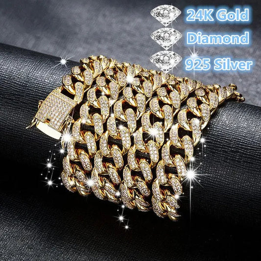 New 2018 Mens Womens Fashion Chain Hiphop Iced Out Curb Cuban Diamond 18K Gold / 24K Gold / 925 Silver Plated Necklace Bracelet Paved Clear Rhinestones