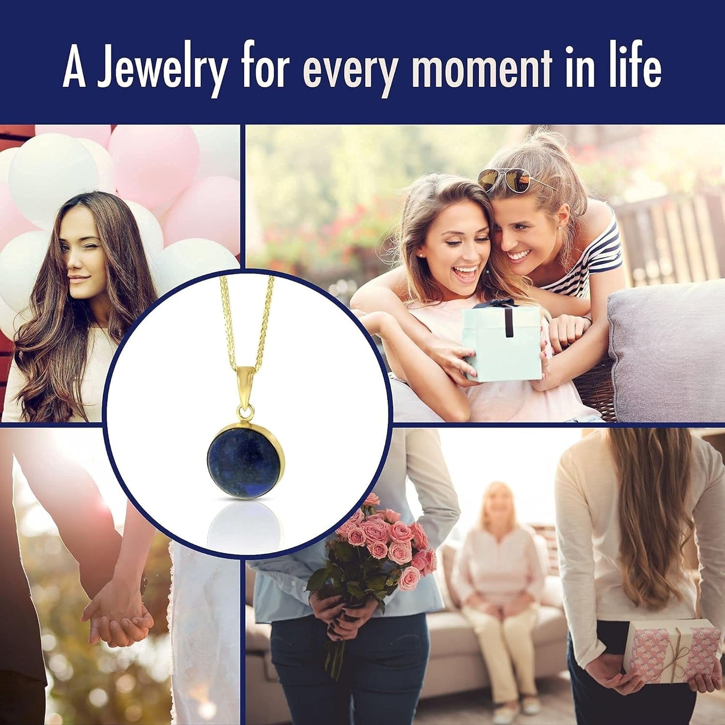 14K Gold Lapis Lazuli Pendant - Solid Yellow Gold Blue Lapis Gemstone Necklace, December Birthstone 12Mm round Stone, Handmade Classic Minimalistic Jewelry Birthday Gift for Women