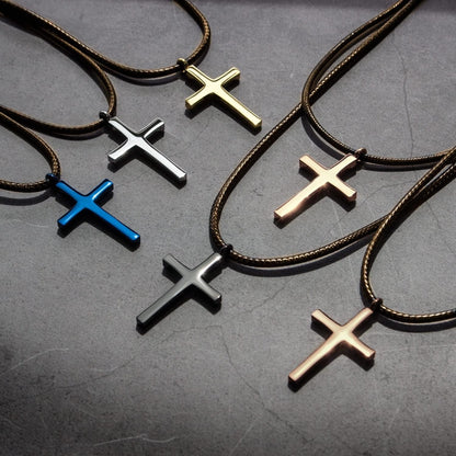 Stainless Steel Cross Necklace for Men - Cross Pendant with 18 Inch Adjustable Black Rope Cord - Mens Cross Necklaces