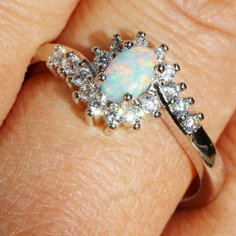 Exquisite Women'S Silver Ring Oval Cut Fire Opal Diamond Jewelry Birthday Proposal Gift Bridal Engagement Party Band Rings Size 5-12