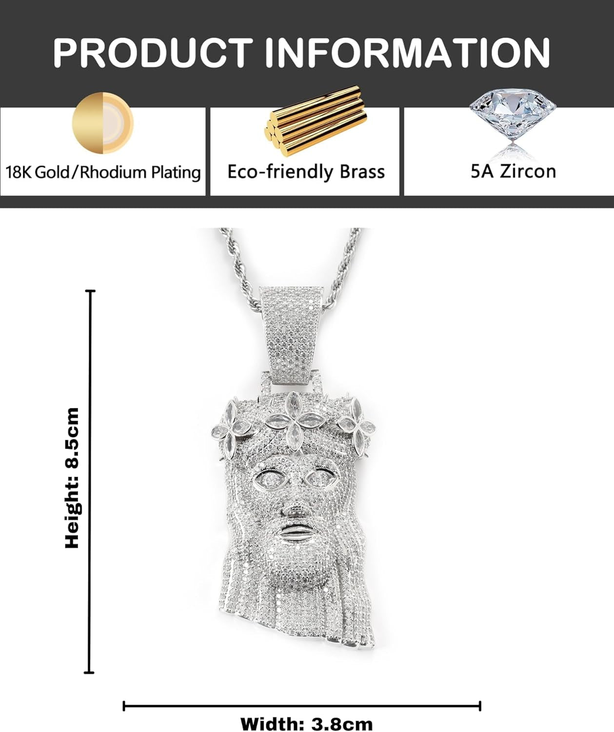 Iced Out 5A Zircon Jesus Pendant Necklace for Men and Women, 14K Gold Plated Simulated Diamond Bling Cross Hip Hop Necklace