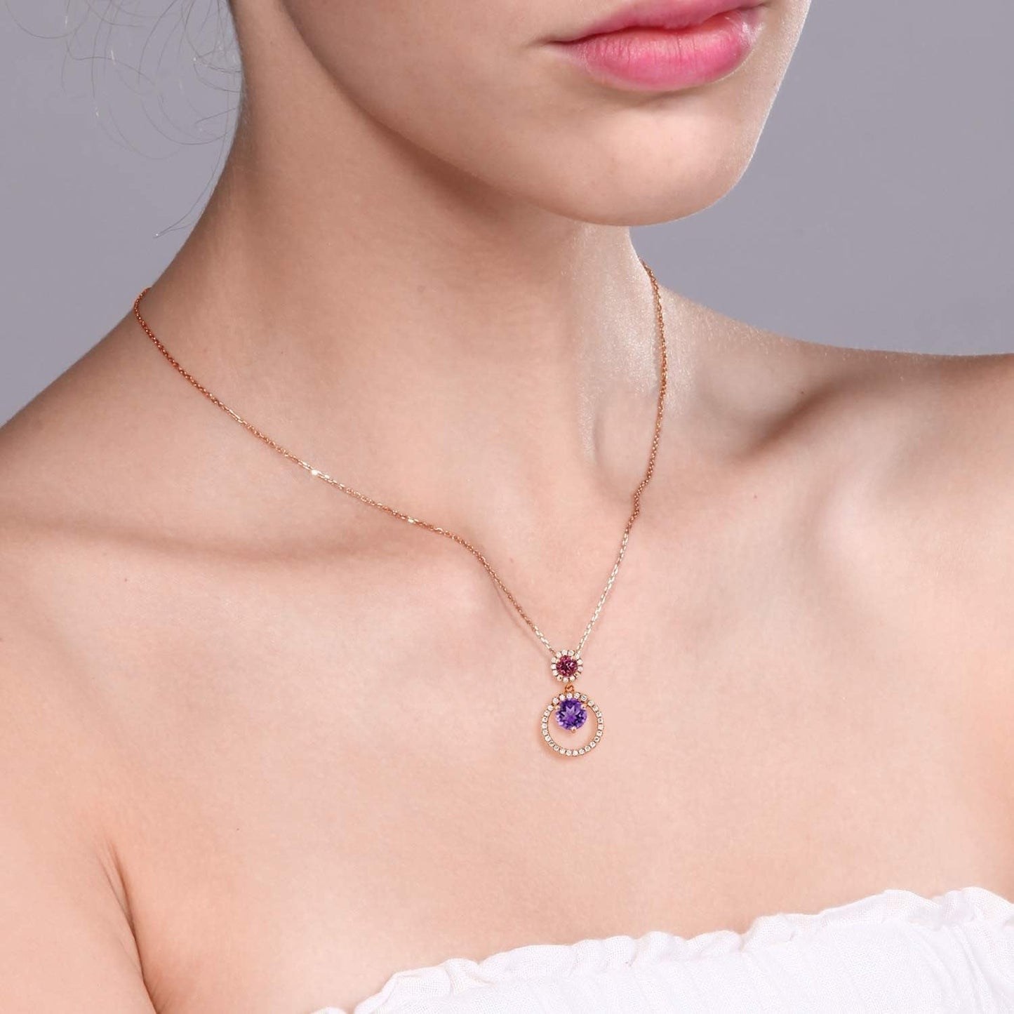 18K Rose Gold Plated Silver Purple Amethyst and Pink Tourmaline Pendant Necklace for Women (1.85 Cttw, Gemstone February Birthstone, round 6MM and 4MM)