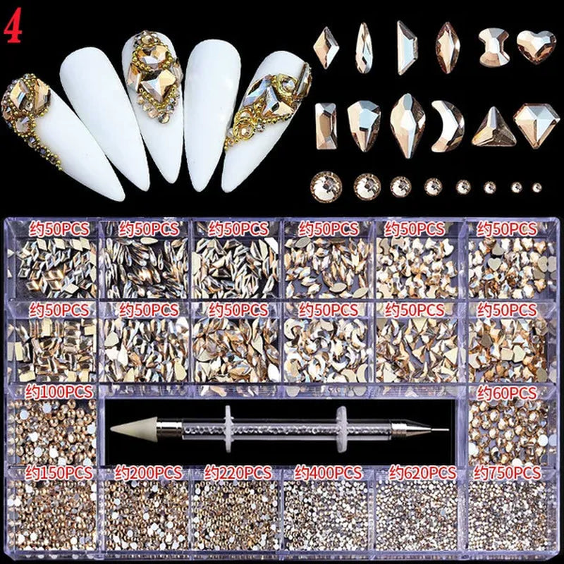 3000Pcs/Box Mixed AB Glass Crystal Diamond In Grids 21 Shape and  Flatback Nail Art Rhinestone Set with 1 Pick Up Pen
