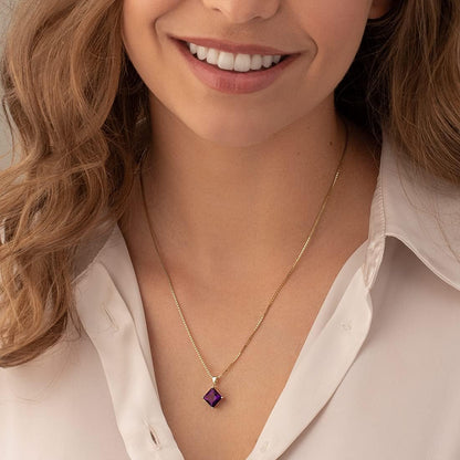 Solid 14K Yellow Amethyst Pendant for Women, 2 Carats Princess Cut 8Mm, Genuine Gemstone Solitaire, Real Amethyst Necklace, February Birthstone Necklace, for Jewelry Gift & Everyday Wear - WORLD TIME VISITS