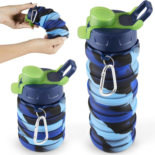 Collapsible Water Bottle - Foldable Water Bottle - Silicone Water Bottle - Travel Water Bottle Collapsible - Lightweight, Portable, Compact - Camping, Hiking, Traveling - Blue Rainbow
