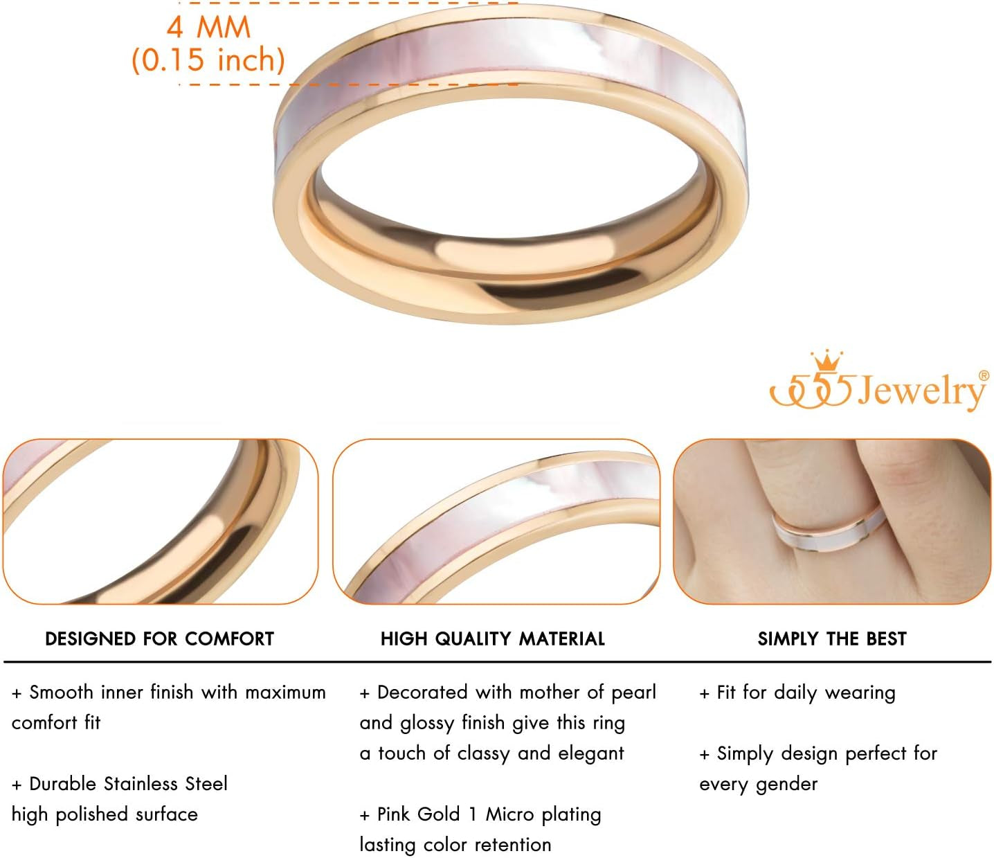 4Mm Mother of Pearl Abalone Shell Inlay Band Ring for Women & Ladies