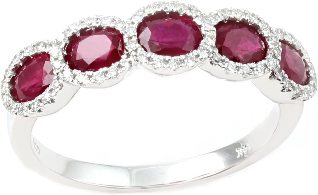 14K White Gold Genuine Ruby 1-3/8Ct Oval, Diamonds Band Ring, Size 7