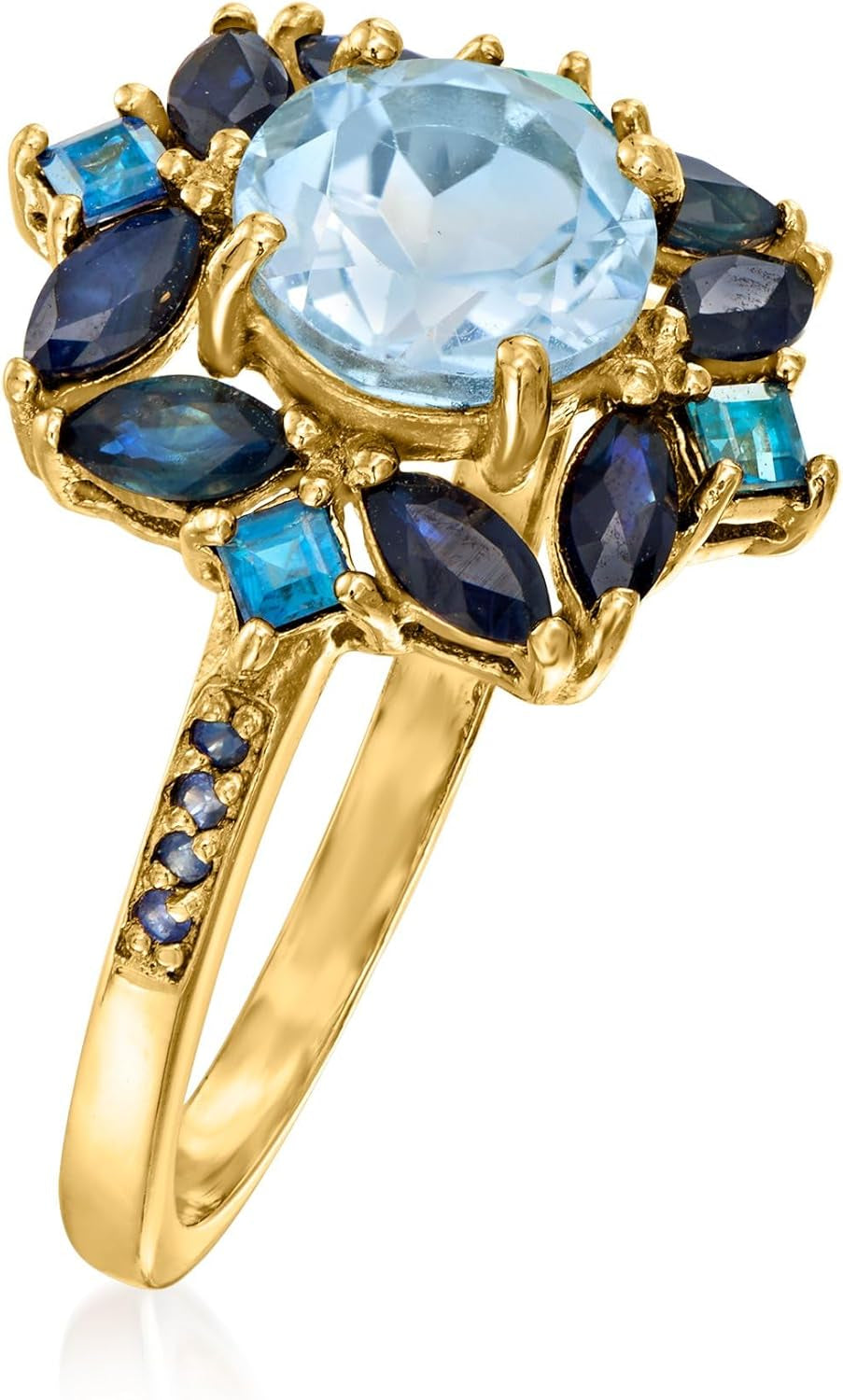 1.80 Carat Sky Blue Topaz, 2.40 Ct. T.W. Sapphire and .80 Ct. T.W. London Blue Topaz Ring in 18Kt Gold over Sterling. Size 7