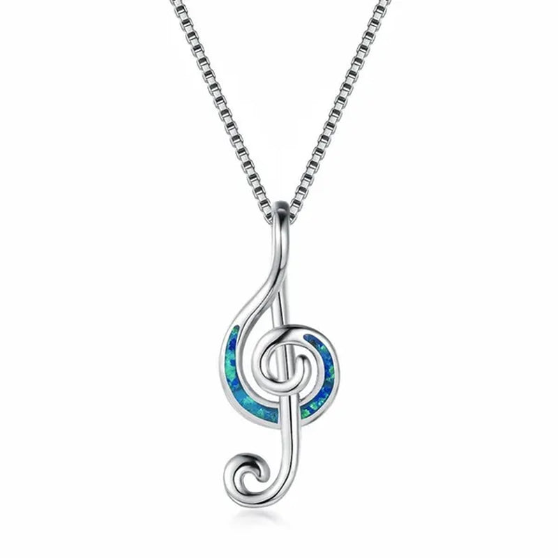 925 Sterling Silver White Blue Fire Opal Music Note Pendant Necklaces for Women Christmas Gifts Jewelry