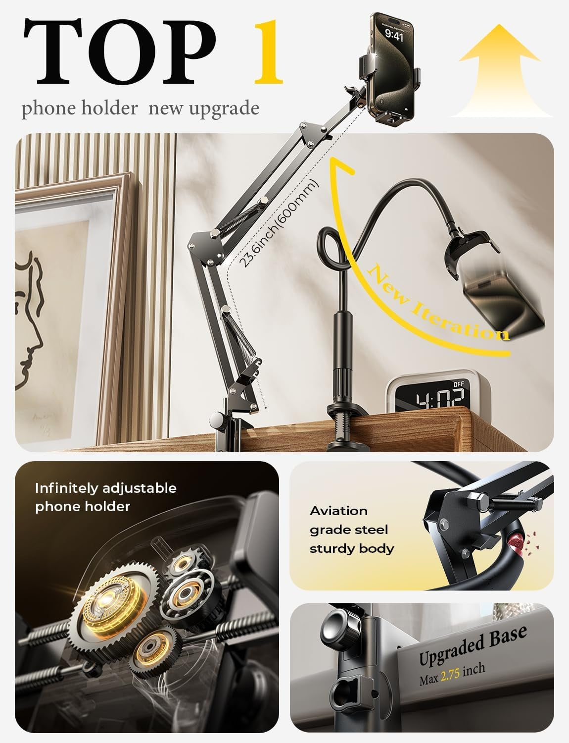 for Gooseneck Phone Holder for Bed Desk [3Rd Upgrade] Cell Phone Stand for Desk Bed Iphone Holder Laying Down,Flexible Arm Clamp Clip Phone Mount Stand for Filming Fits Iphone 15 Max,Silver - WORLD TIME VISITS