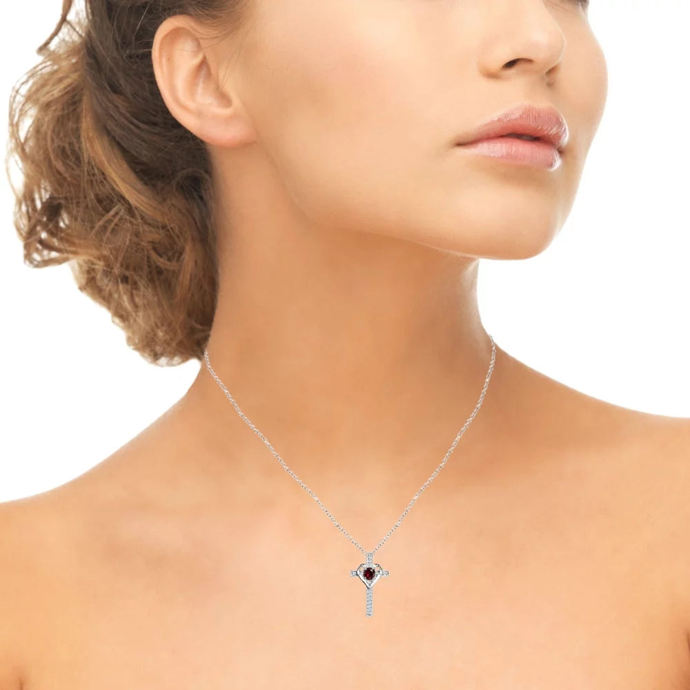 Sterling Silver Created Ruby and White Topaz Heart Cross Birthstone Pendant Necklace