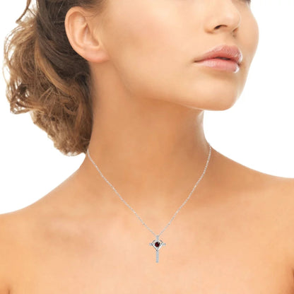 Sterling Silver Created Ruby and White Topaz Heart Cross Birthstone Pendant Necklace