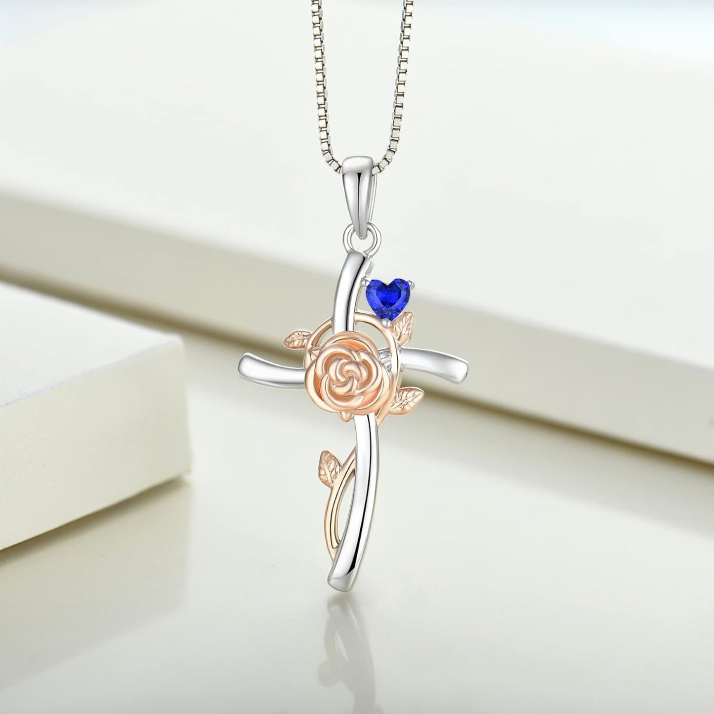 Cross Necklace 925 Sterling Silver Rose Flower Crucifix Pendant Birthstone Criss Jewelry for Women