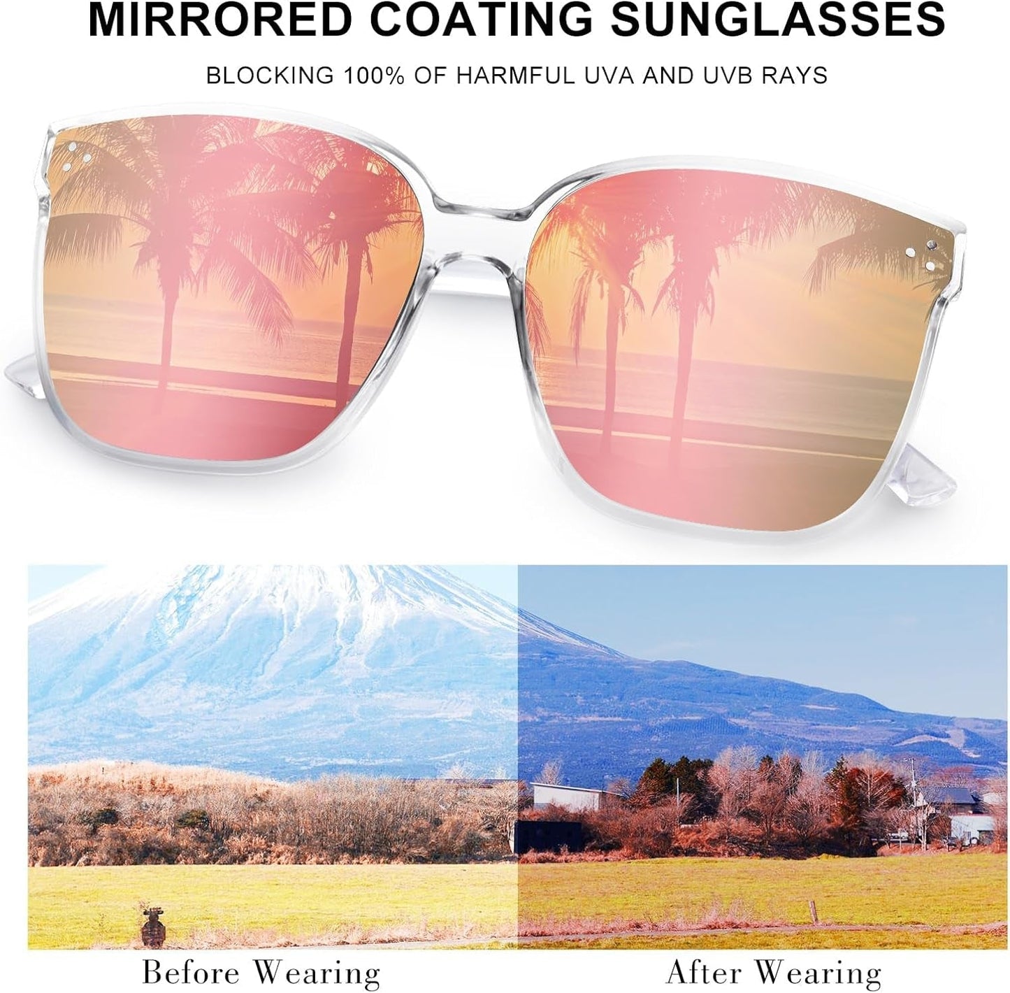 Sunglasses Womens, Oversized Pink Sunglasses for Women with Trendy Mirrored Lens UV400 Blocking