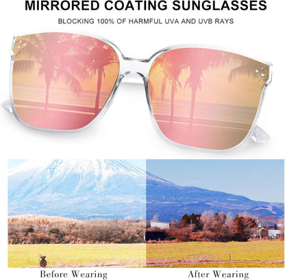 Sunglasses Womens, Oversized Pink Sunglasses for Women with Trendy Mirrored Lens UV400 Blocking