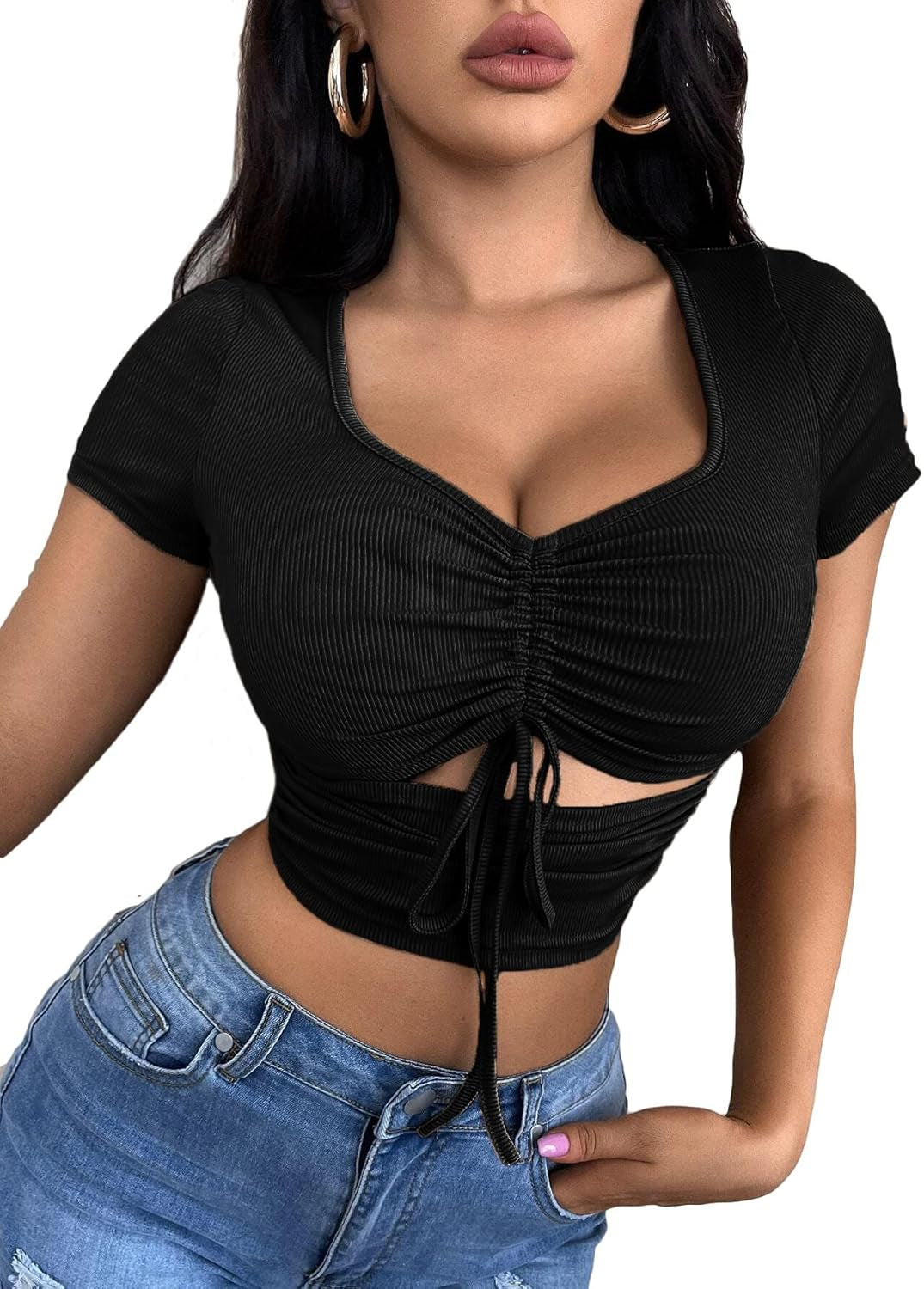 Women'S Summer Sexy Crop Top Ruched Y2K V Neck Slim Short Sleeve Casual Basic Knit T Shirt Workout Tops Black