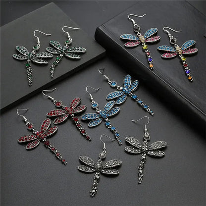 1 Pair Women'S Ethnic Style Tassel Dragonfly Earring Dragonfly Earrings with Tiny Rhinestones - WORLD TIME VISITS