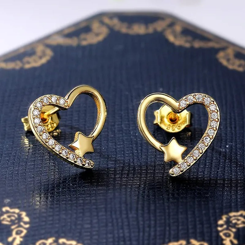 14K Gold Love Heart Star White Zircon Stud Earrings for Women Wedding Engagement Bride Jewelry Gift