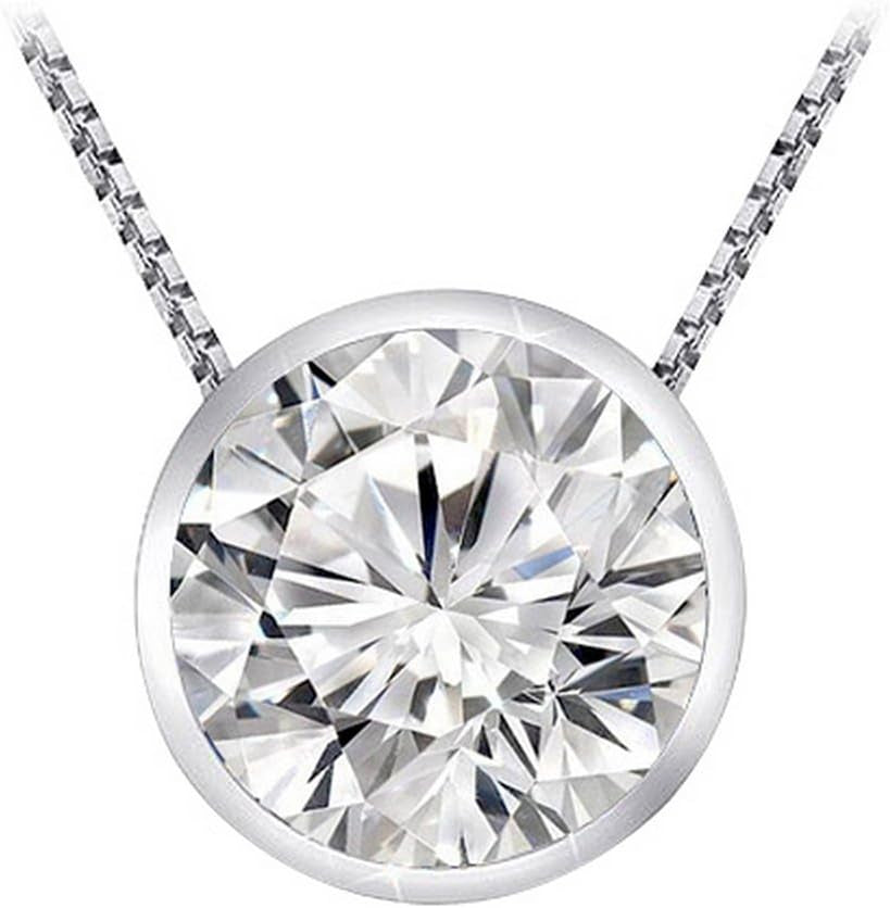 0.5 Carat 14K White Gold round Diamond Bezel Solitaire Pendant Necklace J Color I2 Clarity, W/ 16" Silver Chain