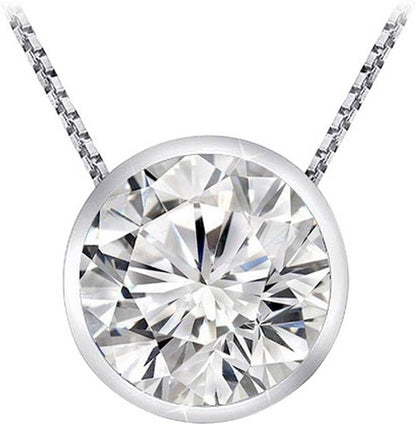 0.5 Carat 14K White Gold round Diamond Bezel Solitaire Pendant Necklace J Color I2 Clarity, W/ 16" Silver Chain