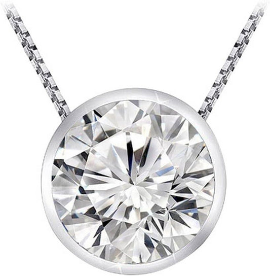 0.5 Carat 14K White Gold round Diamond Bezel Solitaire Pendant Necklace J Color I2 Clarity, W/ 16" Silver Chain