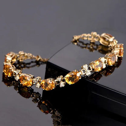 Simple 18k Golden Plated Copper Oval Citrine Jewelry Set Pendant Necklace Four Prong Adjustable Open Ring Micro Inlaid Cubic Zirconia Stud Earrings Flower Zircon Bracelet for Women Gifts Accessories
