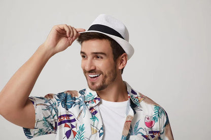 Summer Panama Straw Fedora Hats for Men Women Trilby Hat Foldable Roll up Short Brim Panama Beach Hat