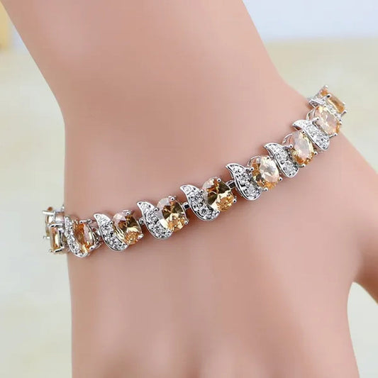 Ethnic 925 Silver Jewelry Champagne Topaz White Zircon Charm Bracelets For Women 7 INCH