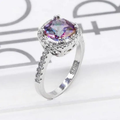 LUXURY 925 Sterling Silver Diamond Cut Square Mystic Fire Rainbow Topaz Cocktail Sapphire Ring FASHION NEW
