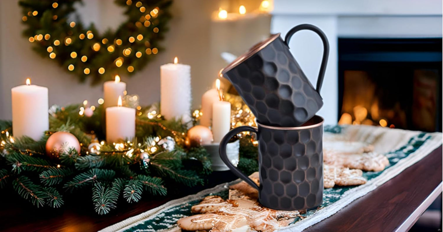 20 Oz Honeycomb Black Matte Moscow Mule Mugs Pure Copper Cups for Drinking Water Gifts for Him Her on Anniversary Genuine Copper Mugs for Moscow Mules Real Solid Tankard Mug Cup Set of 2 - WORLD TIME VISITS