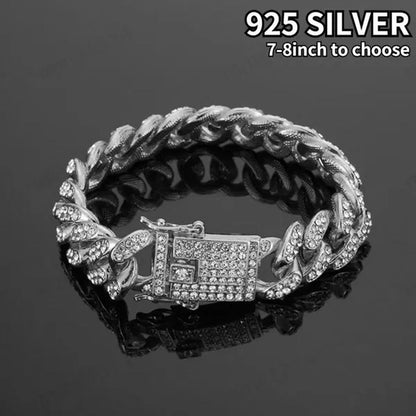 1pc Iced Out Bling Rhinestone Crystal Gold Finish Miami Cuban Link Chain Diamond Gold/925 Silver Men's Hip Hop Necklace or Bracelet Jewelry 8/20/24/28 Inch