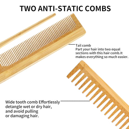 4 PCS Bamboo Hair Brush Set with Natural Wooden Wide-Tooth and Tail Comb Big and Mini Paddle Detangling Hairbrush for Women Men Kids and Baby Thick Thin Curly Straight Dry