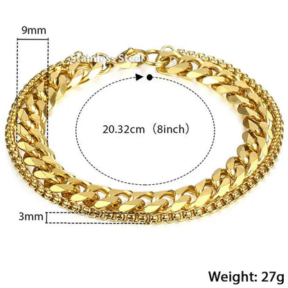 9mm Bracelet for Men Women Curb Cuban Box Link Double Chain Gold Silver Black Tone Gold Plated Stainless Steel Wristband Polished Fashion Jewelry
