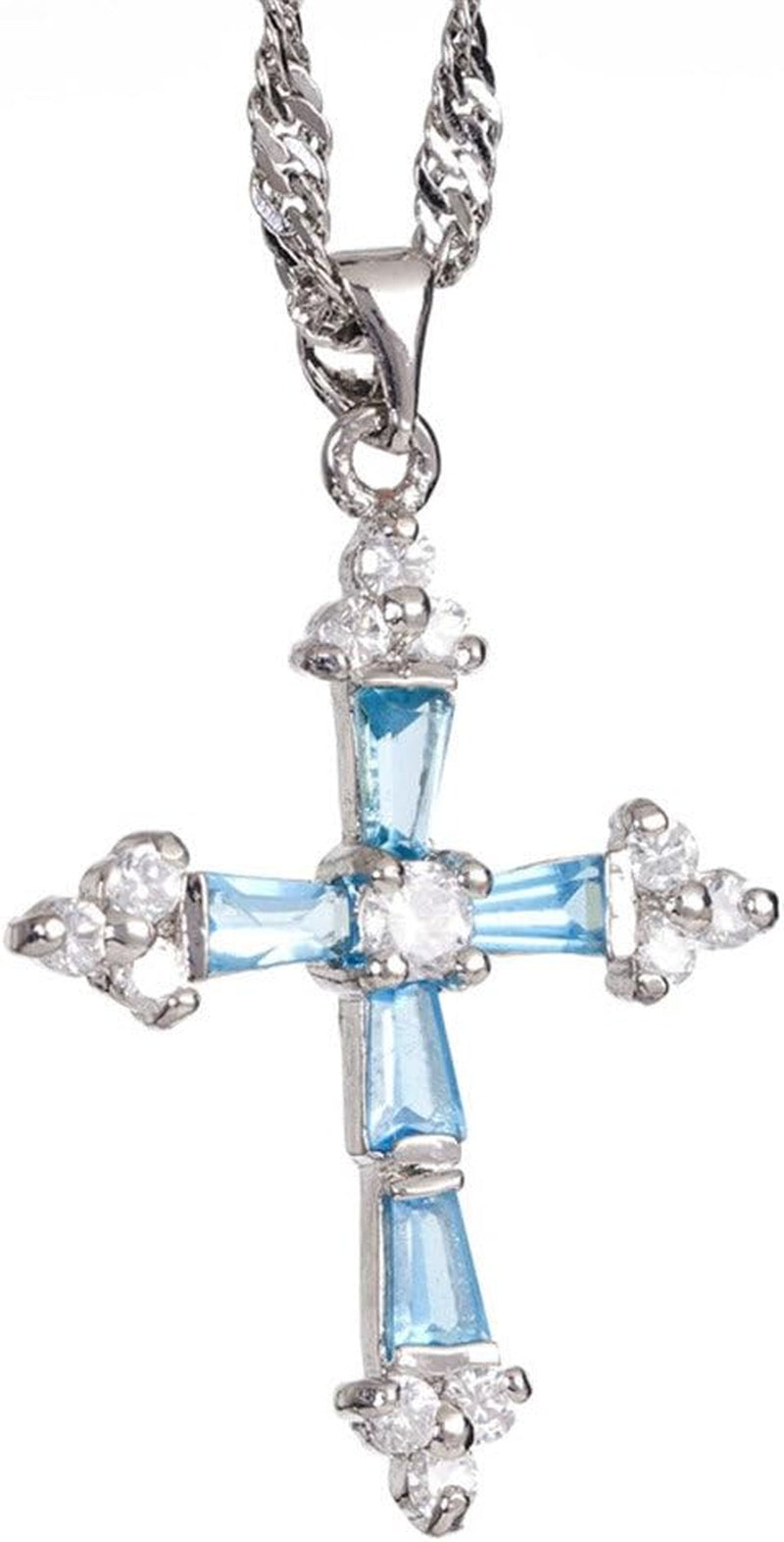Cross Pendant with 18" Chain & Trapezoid round Cut CZ [Multi-Color] in White Gold Plated, Simple Modern Elegant