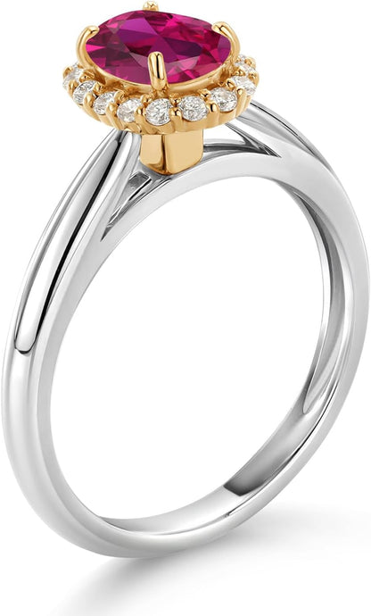 Halo Engagement Ring for Women in 10K White and Yellow Gold with 7X5MM Oval Gemstone Birthstone and White Lab Grown Diamond | Available in Size 5, 6, 7, 8, 9