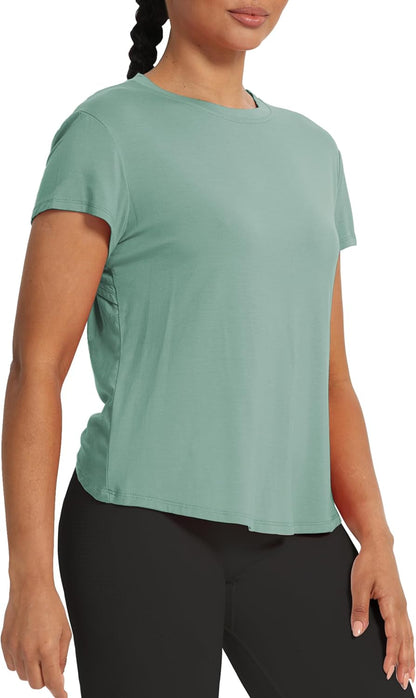 Backless Workout Athletic Shirts Short Sleeve Split Back Yoga Exercise Tops for Women