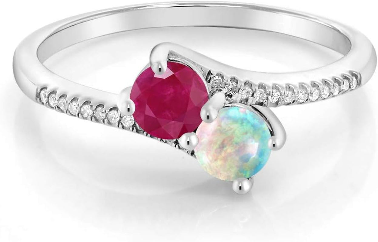 10K White Gold Forever United 2 Stone Red Ruby and White Simulated Opal and Diamond Engagement Ring for Women (0.72 Cttw, Round, Avaiable in Size 5,6,7,8,9)