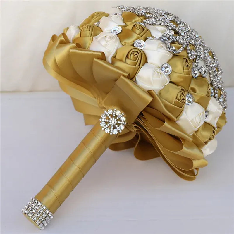 21CM Creative Handmade Diamond Flower Brooch Bouquet Ribbon Silk Rose Wedding Flower Bridal Bouquet Bridesmaid Holding Flowers - WORLD TIME VISITS