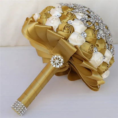 21CM Creative Handmade Diamond Flower Brooch Bouquet Ribbon Silk Rose Wedding Flower Bridal Bouquet Bridesmaid Holding Flowers - WORLD TIME VISITS