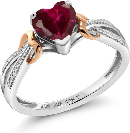 925 Silver and 10K Rose Gold Red Created Ruby and Diamond Ring for Women (0.98 Cttw, Heart Shape 6MM, Available in Size 5, 6, 7, 8, 9)