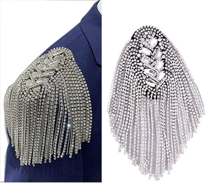 2Pcs Rhinestone Tassel Shoulder Epaulet Spike Chain Shoulder Badge Brooch Pins for Man Woman