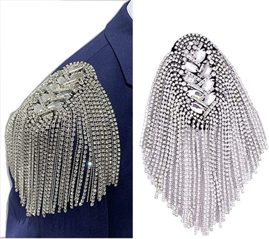 2Pcs Rhinestone Tassel Shoulder Epaulet Spike Chain Shoulder Badge Brooch Pins for Man Woman