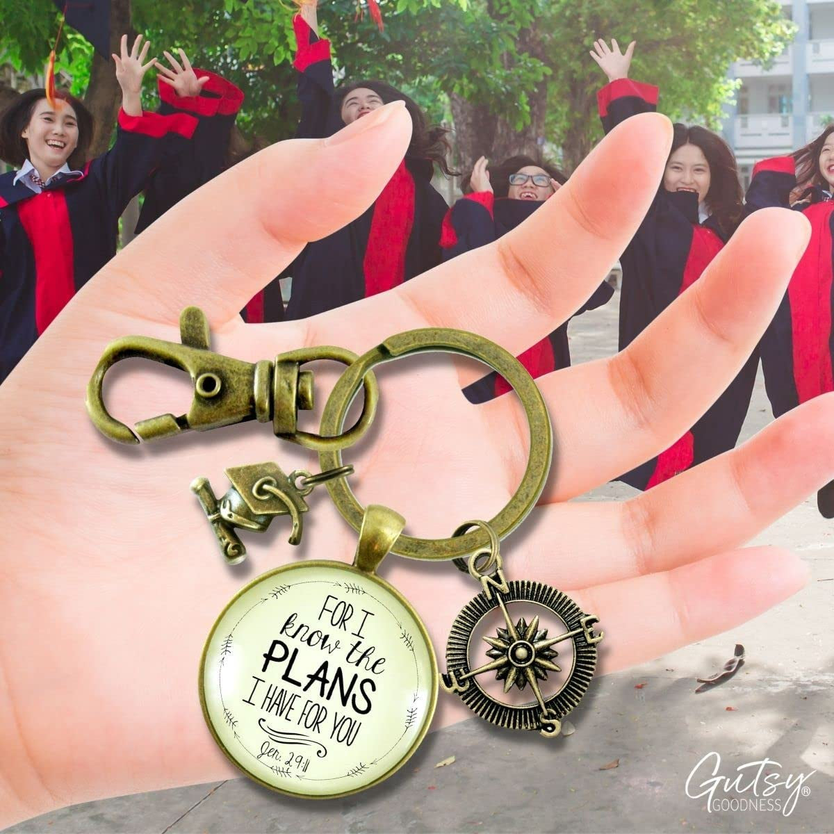 Graduate for I Know Plans Womens Keychain Boho Bronze Faith Jewelry Gift Key Ring - Handmade Pendant Religious Verse Jeremiah 2911 Graduation Tassel Cap Charm & Bead, Ready to Gift Message Card & Box